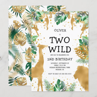 Zwei wilde Jungle Safari Gold Green 2. Geburtstag Einladung