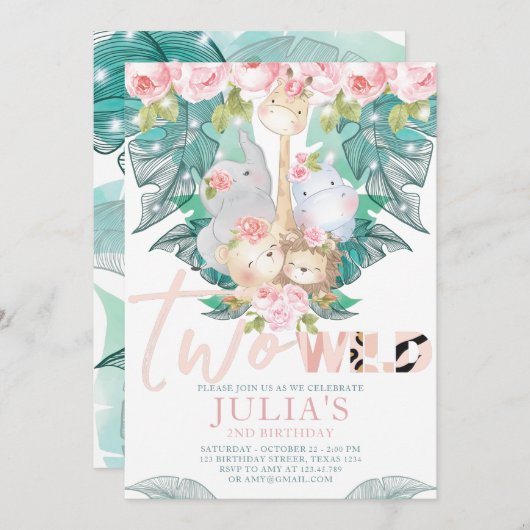 Zwei wilde Jungle Tiere zum Geburtstag Niedlich Einladung (Vorne/Hinten)