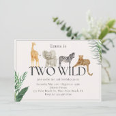 Zwei wilde Jungle Zoo Thema Geburtstag Einladung (Stehend Vorderseite)