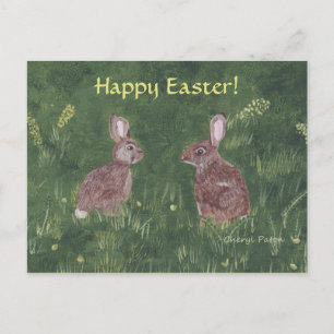 Zwei wilde Kaninchen im Gras glückliche Ostern Pos Feiertagspostkarte