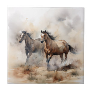„Zwei wilde Mustangs“ staubige westliche Aquarellm Fliese