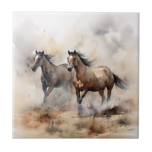 „Zwei wilde Mustangs“ staubige westliche Aquarellm Fliese (Vorderseite)