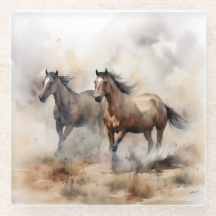 „Zwei wilde Mustangs“ staubige westliche Aquarellm Glasuntersetzer