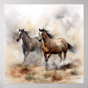 „Zwei wilde Mustangs“ staubige westliche Aquarellm Poster