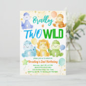 Zwei wilde niedliche Kinderdinosaurier zum 2. Gebu Einladung (Stehend Vorderseite)