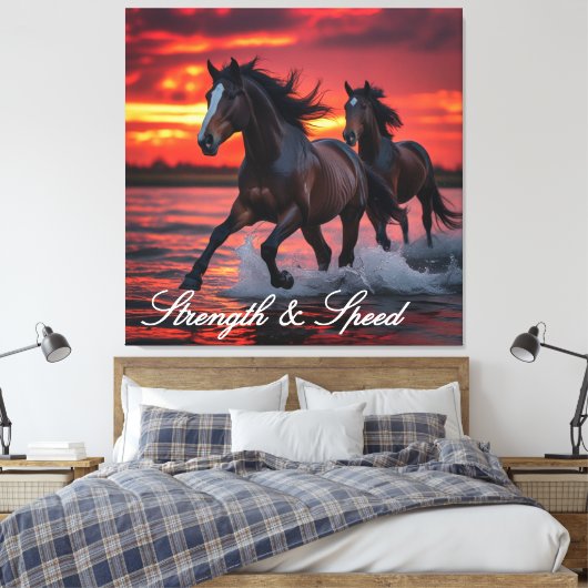 Zwei wilde Pferde reiten gegen einen blutenden Him Leinwanddruck (Insitu (Schlafzimmer))