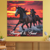 Zwei wilde Pferde reiten gegen einen blutenden Him Leinwanddruck (Insitu (Wohnzimmer))