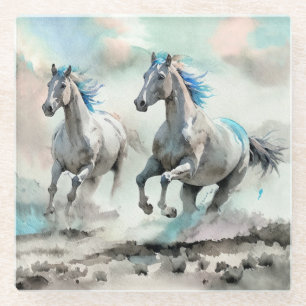 Zwei wilde Rennpferde Aquarell Glasuntersetzer