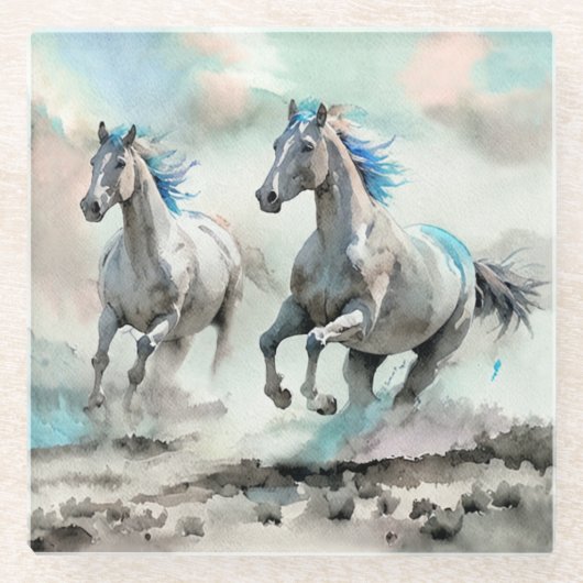 Zwei wilde Rennpferde Aquarell Glasuntersetzer (Vorderseite)