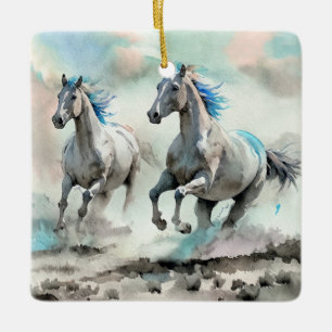 Zwei wilde Rennpferde Aquarell Keramikornament