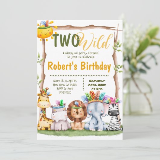 Zwei wilde Safari Tiere Stamm Geburtstag Einladung (Stehend Vorderseite)