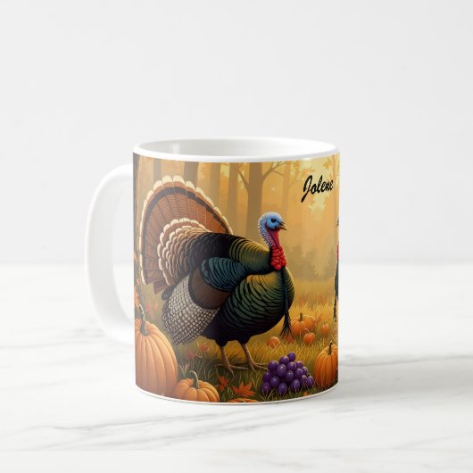 Zwei wilde Truthühner Erntedank Kaffeetasse (Vorderseite Links)