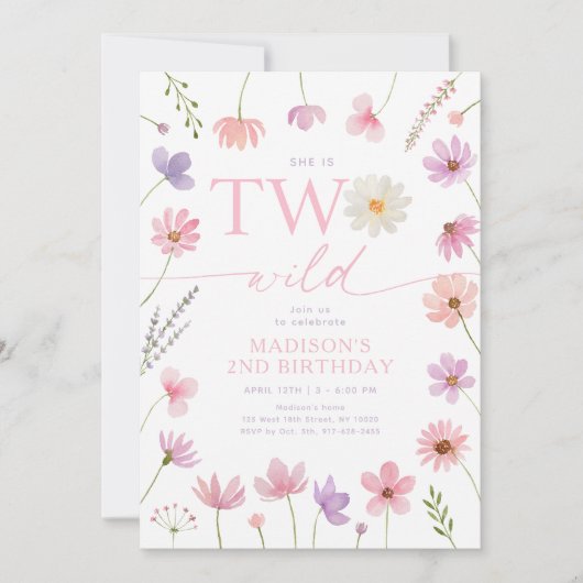 Zwei wildrosa Lila Wildblumen am zweiten Geburtsta Einladung (Vorderseite)