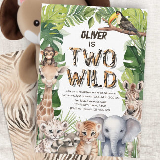 Zwei Wildsafari Tiere Thema Junge 2. Geburtstag Einladung