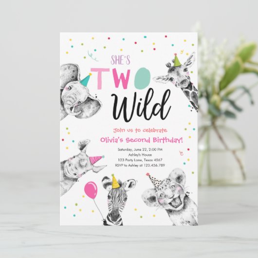 Zwei Wildtiere im Safari-Party zum zweiten Geburts Einladung (Stehend Vorderseite)