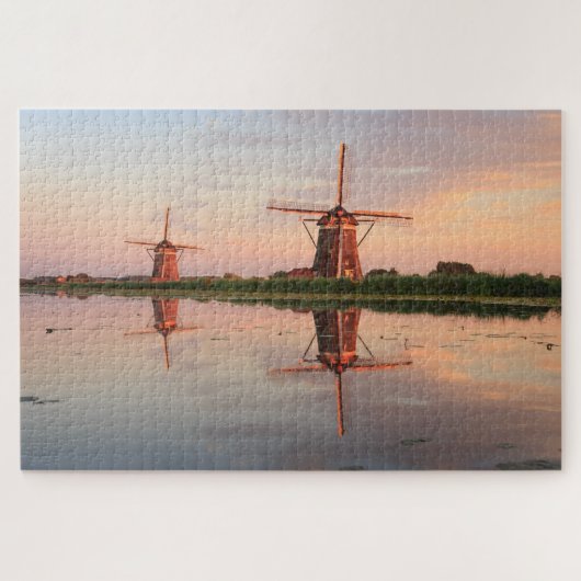 Zwei Windmühlen mit Reflektion bei Sonnenuntergang Puzzle (Horizontal)