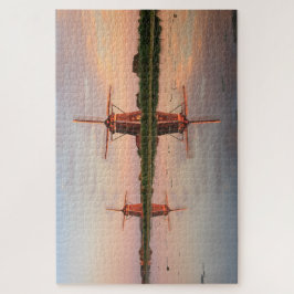 Zwei Windmühlen mit Reflektion bei Sonnenuntergang Puzzle