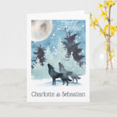 Zwei Wölfe heulen an einem Wintermond Weihnachten Karte (Gelbe Blume)