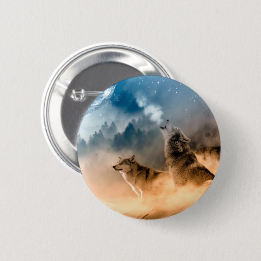 Zwei Wölfe heulen auf Vollmond im Wald Button (Vorne & Hinten)