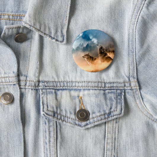 Zwei Wölfe heulen auf Vollmond im Wald Button (Beispiel)