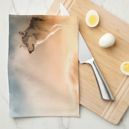 Zwei Wölfe heulen auf Vollmond im Wald Geschirrtuch (Viertel Falte)