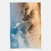 Zwei Wölfe heulen auf Vollmond im Wald Geschirrtuch (Vertikal)