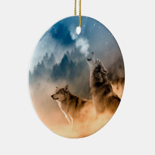 Zwei Wölfe heulen auf Vollmond im Wald Keramik Ornament (Rechts)