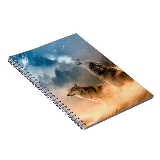 Zwei Wölfe heulen auf Vollmond im Wald Notizblock (Rechte Seite)