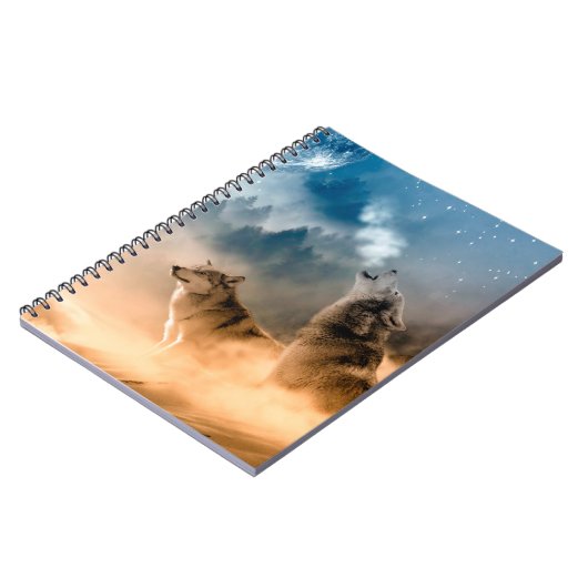 Zwei Wölfe heulen auf Vollmond im Wald Notizblock (Linke Seite)