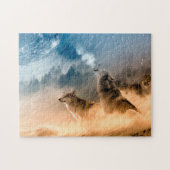 Zwei Wölfe heulen auf Vollmond im Wald Puzzle (Horizontal)