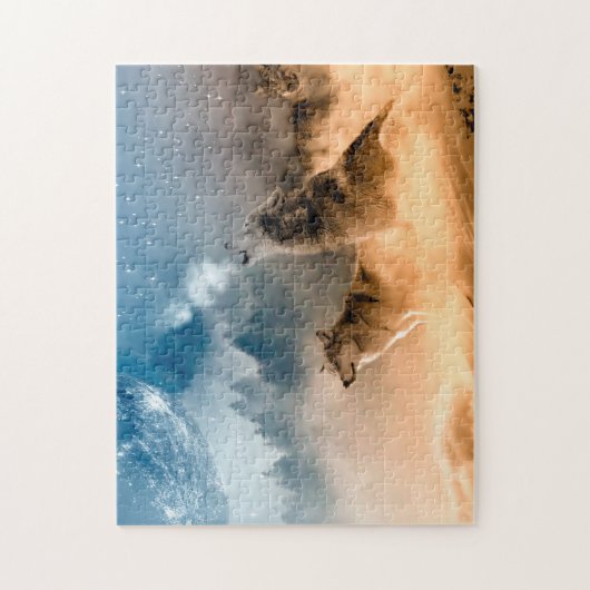 Zwei Wölfe heulen auf Vollmond im Wald Puzzle (Vertikal)