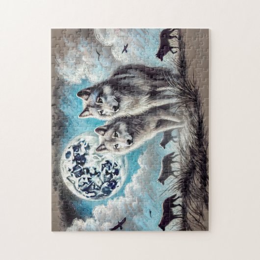 Zwei Wölfe im Mondlicht mit Pack Puzzle (Vertikal)