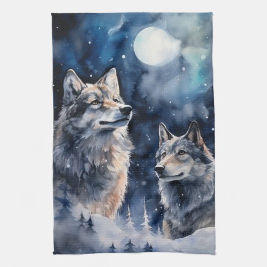 Zwei Wölfe im Winter Geschirrtuch (Vertikal)