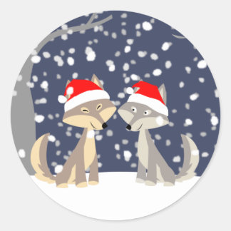 Zwei Wölfe im Winter Weihnachtssticker Runder Aufkleber