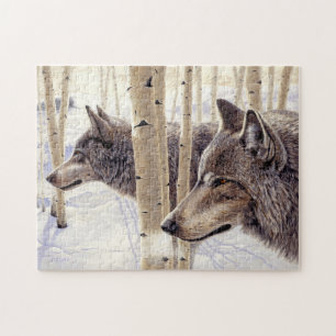Zwei Wölfe jagen im Winternschnee Acrylmalerei Puzzle