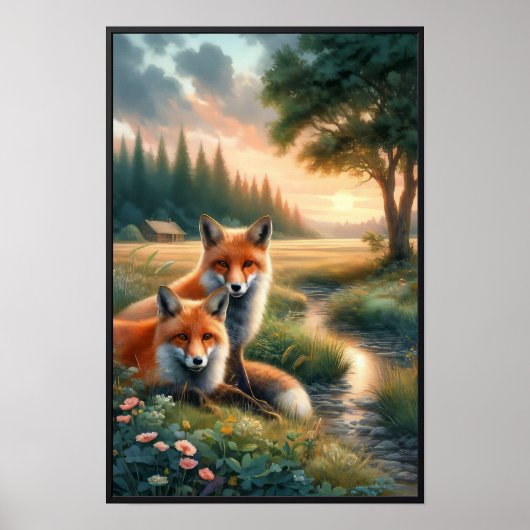Zwei wunderschöne rote Füchse im Wasser ruhen Poster (Vorne)