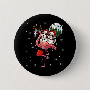 Zwei Xmas Shih Tzus Riding Flamingo Rentier Sungle Button