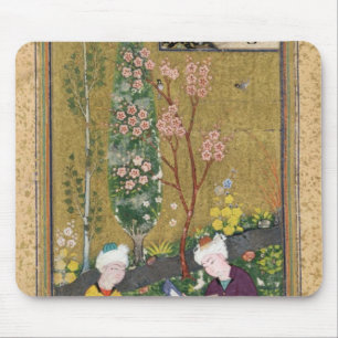 Zwei Zahlen, die in einem Obstgarten lesen und Mousepad