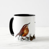 Zwei Zaunkönige, Kiefern-Kegel: Öl Pastell, Tasse (Vorderseite Links)