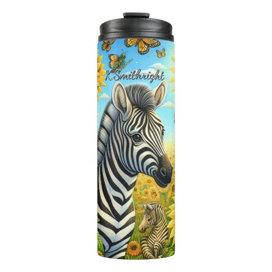 Zwei Zebras auf einem Sonnenblumenfeld Thermosbecher (Vorderseite)