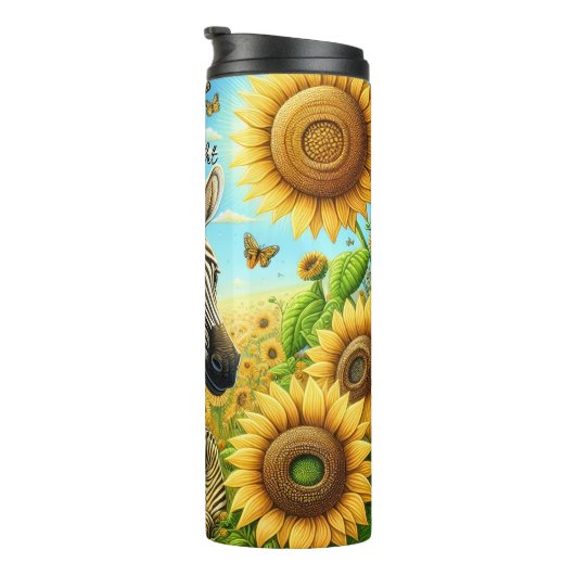 Zwei Zebras auf einem Sonnenblumenfeld Thermosbecher (Nach rechts gedreht)