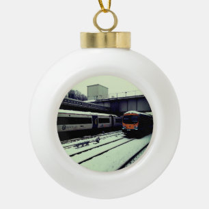 Zwei Züge auf den Gleisen Keramik Kugel-Ornament