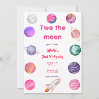 Zwei zum Mond Pink Girl 2. Geburtstag Einladung