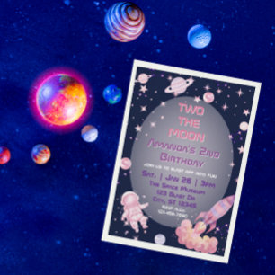 Zwei zum Mond, Rosa Lila Raum 2. Geburtstag Einladung