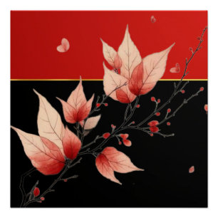 Zweifarbig Schwarz und Rot mit Blattdetail Poster