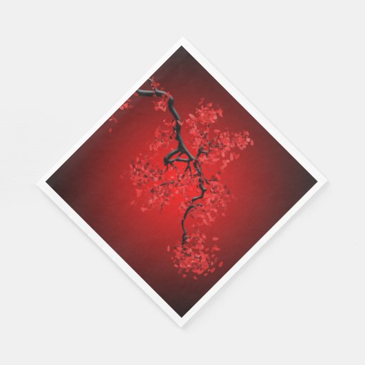 Zweig der Kirschblüten auf rotem Hintergrundpapier Serviette (Ecke)