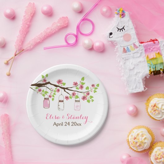 Zweig mit rosa Kirschblüten Frühjahrshochzeit Pappteller (Party)