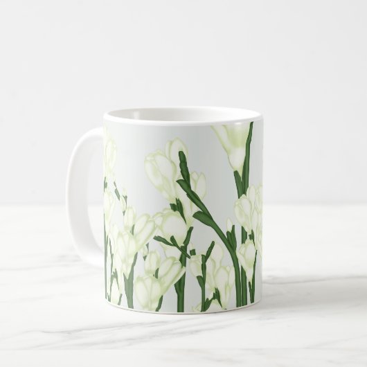 Zweig von weißem Freesia. Kaffeetasse (Vorderseite Links)