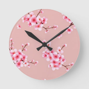 Zweige mit rosa Kirschblüten Muster Runde Wanduhr