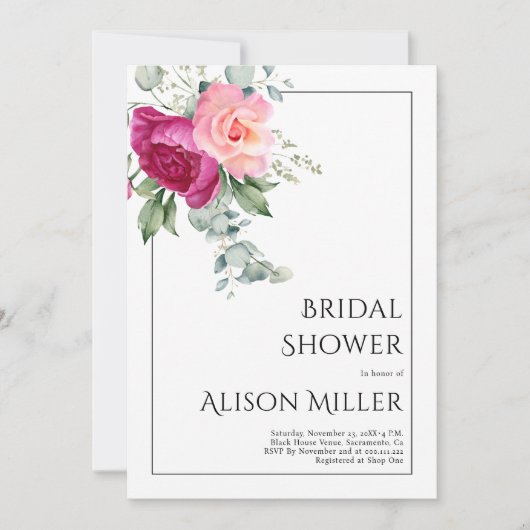 Zweige mit rosa rosa Blume Brautparty Einladung (Vorderseite)